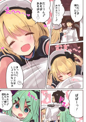 Rule 34 | 1boy, 2girls, ^ ^, absurdres, admiral (kancolle), black hair, blonde hair, blush, closed eyes, comic, commentary request, empty eyes, gloves, green eyes, green hair, hair between eyes, hat, heart, highres, jervis (kancolle), kantai collection, long hair, long sleeves, military, military uniform, multiple girls, musical note, naval uniform, open mouth, quaver, short hair, short sleeves, smile, speech bubble, suzuki toto, translation request, uniform, white gloves, white hat, yamakaze (kancolle)