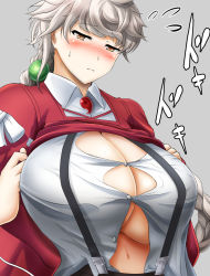 Rule 34 | 1girl, :s, blush, bol (liliymimi), braid, breasts, brown eyes, bursting breasts, cleavage, cosplay, embarrassed, female focus, full-face blush, grey background, huge breasts, kantai collection, navel, no bra, open clothes, ryuujou (kancolle), ryuujou (kancolle) (cosplay), silver hair, simple background, single braid, solo, straining buttons, suspenders, sweatdrop, undersized clothes, unryuu (kancolle), upper body, wavy hair