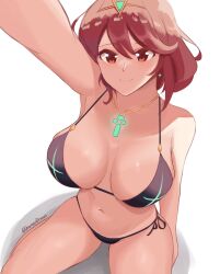 Rule 34 | 1girl, bare shoulders, bikini, black bikini, breasts, dayman, daymandraws, highres, jewelry, large breasts, necklace, pyra (xenoblade), red hair, short hair, smile, solo, stoic seraphim, swimsuit, white background, xenoblade chronicles (series), xenoblade chronicles 2