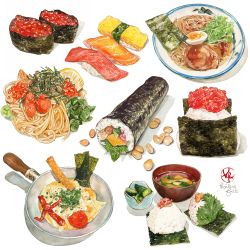 Rule 34 | artist logo, beans, bowl, commentary, commentary request, egg, ehoumaki, english commentary, fish (food), food, food focus, food request, fruit, frying pan, gunkanmaki, highres, ikura (food), kailene, lemon, makizushi, mixed-language commentary, nigirizushi, no humans, nori (seaweed), onigiri, original, partial commentary, plate, rice, sashimi, signature, simple background, spring onion, still life, sushi, tomato, tomato slice, white background