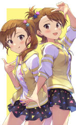 Rule 34 | 2girls, :d, :p, absurdres, black skirt, blush, brown eyes, brown hair, commentary request, futami ami, futami mami, hair ornament, highres, idolmaster, idolmaster (classic), jacket, looking at viewer, multiple girls, open mouth, short hair, short sleeves, shuucream (syuichi), siblings, side ponytail, simple background, sisters, skirt, smile, star (symbol), star hair ornament, thighs, tongue, tongue out, twins, two-tone background, white background, yellow background, yellow jacket