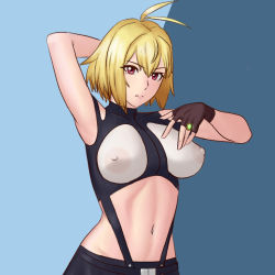 Rule 34 | 10s, 180 degrees, 1girl, ahoge, angelise ikaruga misurugi, armpits, blonde hair, breasts, covered erect nipples, cross ange, fingerless gloves, gloves, large breasts, looking at viewer, midriff, navel, nipples, red eyes, see-through, short hair, solo, sunrise (company)