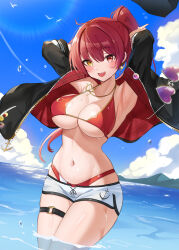 Rule 34 | 1girl, armpits, arms behind head, arms up, b grade, bare shoulders, bikini, black jacket, breasts, cleavage, commentary request, cowboy shot, day, earrings, gold trim, halterneck, hat, unworn hat, unworn headwear, heterochromia, highres, hololive, houshou marine, houshou marine (summer), jacket, jewelry, korean commentary, large breasts, long hair, long sleeves, looking at viewer, micro shorts, navel, necklace, off shoulder, open clothes, open jacket, open mouth, outdoors, ponytail, red bikini, red eyes, red hair, shorts, skindentation, smile, solo, standing, stomach, string bikini, swimsuit, thigh strap, thighs, virtual youtuber, wading, water, wet, white shorts, yellow eyes