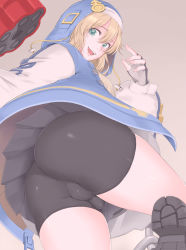 Rule 34 | 1boy, arc system works, artist request, ass, bike shorts, blonde hair, boots, bridget (guilty gear), bulge, fingerless gloves, from behind, from below, gloves, green eyes, guilty gear, guilty gear strive, hood, huge ass, looking at viewer, looking back, male focus, open mouth, penis, shiny clothes, shiny skin, short hair, short shorts, shorts, skirt, smile, solo, thick thighs, thighs, trap, upskirt, yo-yo