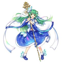 Rule 34 | 1girl, :d, blue footwear, blue skirt, frog hair ornament, full body, green eyes, green hair, hair ornament, highres, holding, holding staff, kochiya sanae, kochiya sanae (hand in hand with a miracle), long hair, looking at viewer, open mouth, rotte (1109), simple background, skirt, smile, snake hair ornament, socks, solo, staff, third-party source, touhou, touhou lostword, white background, white socks, wide sleeves