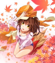 Rule 34 | 1girl, :d, autumn leaves, bakemonogatari, between legs, blue one-piece swimsuit, breasts, brown hair, brown hat, cleavage, collarbone, floating hair, from above, hand between legs, hand on headwear, hat, highres, leaf, long hair, looking up, maple leaf, medium breasts, monogatari (series), one-piece swimsuit, open mouth, pink ribbon, ribbon, school swimsuit, sengoku nadeko, shiny skin, shirt, sitting, smile, soaking feet, solo, swimsuit, white background, white shirt, yamanami kousuke, yellow eyes