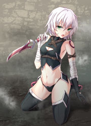 Rule 34 | 1girl, :o, bandages, bare shoulders, black footwear, black gloves, black panties, black shirt, boots, breasts, cleavage, fate/apocrypha, fate/grand order, fate (series), full body, gloves, green eyes, hair between eyes, highres, holding, holding knife, holding weapon, jack the ripper (fate/apocrypha), kneeling, knife, lanceralter1, navel, on floor, open mouth, panties, scar, scar across eye, scar on face, shirt, short hair, single glove, sleeveless, sleeveless shirt, small breasts, solo, thigh boots, thighhighs, underwear, v-shaped eyebrows, weapon, white hair