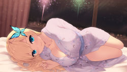 Rule 34 | 1girl, blonde hair, blue eyes, boku wa tomodachi ga sukunai, breasts, butterfly hair ornament, cait aron, cleavage, curtains, fireworks, hair ornament, highres, japanese clothes, kashiwazaki sena, kimono, large breasts, long hair, looking at viewer, lying, night, night sky, on bed, on side, sky, smile, solo, star (sky), window, yukata