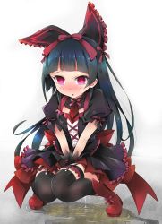 Rule 34 | 1girl, back bow, between legs, black gloves, black hair, black shirt, black skirt, black thighhighs, blunt bangs, blush, boots, bow, cleavage cutout, clothing cutout, embarrassed, female focus, flat chest, frilled skirt, frills, full body, garter straps, gate - jieitai ka no chi nite kaku tatakaeri, gloves, gothic lolita, gradient background, hair ribbon, hand between legs, have to pee, knees together feet apart, lolita fashion, long hair, looking at viewer, miniskirt, necktie, nose blush, open mouth, own hands together, peeing, peeing self, puddle, puffy short sleeves, puffy sleeves, ratryu, red eyes, red footwear, red necktie, red ribbon, ribbon, rory mercury, shirt, short sleeves, simple background, skirt, solo, squatting, thighhighs, v arms, white background