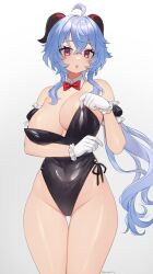 Rule 34 | 1girl, absurdres, adjusting clothes, adjusting leotard, ahoge, alternate costume, bare shoulders, black leotard, blue hair, bow, bowtie, breasts, commentary, cowboy shot, detached collar, detached sleeves, frills, ganyu (genshin impact), genshin impact, gloves, gluteal fold, goat horns, groin, highleg, highleg leotard, highres, horns, large breasts, leotard, long hair, nemuaki, parted lips, playboy bunny, puffy short sleeves, puffy sleeves, purple eyes, red bow, red bowtie, short sleeves, sidelocks, simple background, solo, thighs, very long hair, wavy hair, white gloves, wing collar