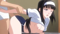 Rule 34 | 1boy, 1girl, animated, animated gif, arm grab, arm held back, bent over, black hair, bouncing breasts, breasts, buruma, byakudan midori, clothes lift, doggystyle, from side, gym uniform, hairband, hetero, kanojo x kanojo x kanojo, looking back, nipples, no bra, one eye closed, open mouth, purple eyes, sex, sex from behind, shiki haruomi, shirt lift, small breasts, solo focus, uncensored, vaginal, wince