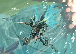 Rule 34 | 00s, aerial battle, aircraft, battle, energy wings, explosion, flying, jehuty, mecha, neon trim, no humans, robot, snow, solo, spacecraft, wings, yabe makoto, zone of the enders