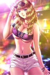Rule 34 | 1girl, blonde hair, blue eyes, breasts, curly hair, game cg, glasses, highres, indoors, large breasts, sodom no shima: night of blind, solo