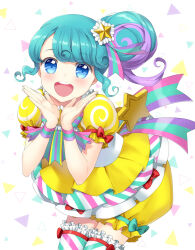 Rule 34 | 1girl, :d, blue eyes, blue hair, blush, commentary request, frilled thighhighs, frills, hair bun, hair ornament, hands up, idol clothes, leaning forward, looking at viewer, multicolored hair, open mouth, pinon (pripara), pretty series, pripara, puffy short sleeves, puffy shorts, puffy sleeves, purple hair, shirt, short sleeves, shorts, shouting with hands, sidelocks, single side bun, smile, solo, standing, star (symbol), star hair ornament, streaked hair, thighhighs, unya (unya-unya), white background, winding key, yellow shirt