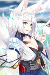 Rule 34 | 1girl, animal ears, azur lane, blue eyes, blunt bangs, blurry, blurry background, breasts, cleavage, commentary request, day, depth of field, eyeshadow, fox ears, fox mask, fox tail, from side, highres, holding, holding mask, japanese clothes, kaga (azur lane), kagiyama (clave), kimono, large breasts, lens flare, lipstick, looking at viewer, makeup, mask, multiple tails, obi, outdoors, parted lips, sash, short hair, smile, solo, standing, tail, white hair