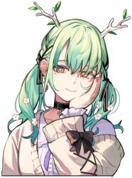 Rule 34 | 1girl, antlers, black bow, black choker, black ribbon, bow, brown cardigan, cardigan, ceres fauna, ceres fauna (jirai kei), choker, commentary, ear piercing, earrings, eus ing, flower, green hair, hair between eyes, hair bow, hair flower, hair ornament, hair ribbon, hand on own cheek, hand on own face, hololive, hololive english, horns, jewelry, jirai kei, leaf, long hair, looking to the side, mole, mole under eye, multiple hair bows, neck ribbon, official alternate costume, official alternate hairstyle, open cardigan, open clothes, piercing, purple ribbon, red nails, ribbon, shirt, simple background, smile, solo, symbol-only commentary, twintails, upper body, virtual youtuber, white background, white shirt, yellow eyes