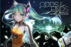 Rule 34 | 1girl, aqua eyes, backlighting, bad id, bad pixiv id, blurry, bodysuit, breasts, copyright name, depth of field, floating hair, hair ornament, hatsune miku, headphones, honnou (kjs9504), light bulb, long hair, looking at viewer, odds &amp; ends (vocaloid), screw, skirt, small breasts, smile, solo, twintails, very long hair, vocaloid, watermark, web address
