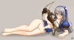 Rule 34 | 1girl, armor, azure (armor), bare legs, barefoot, blue eyes, bottomless, breasts, feet, gun, hair ribbon, holding, holding weapon, long hair, lying, monster hunter (series), on side, open clothes, open shirt, puffy short sleeves, puffy sleeves, ribbon, short sleeves, silent sakia, third-party edit, toes, weapon, white hair