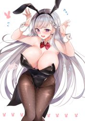 Rule 34 | 1girl, animal ears, areola slip, azur lane, belfast (azur lane), black leotard, bow, bowtie, braid, breasts, brown pantyhose, commentary request, detached collar, fake animal ears, fishnet pantyhose, fishnets, hands up, highres, large breasts, leotard, long hair, looking at viewer, neco meito, open mouth, pantyhose, playboy bunny, purple eyes, rabbit ears, red bow, red bowtie, silver hair, simple background, single braid, smile, solo, standing, strapless, strapless leotard, very long hair, white background, wing collar, wrist cuffs