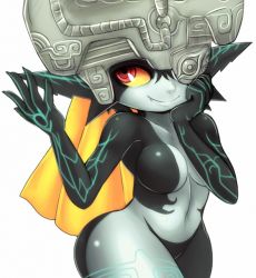 Rule 34 | 1girl, bad id, bad tumblr id, blonde hair, breasts, colored sclera, fang, helmet, long hair, mato spectoru, midna, navel, neon trim, nintendo, no nipples, one eye covered, pointy ears, red eyes, smile, solo, the legend of zelda, the legend of zelda: twilight princess, white background, wide hips, yellow sclera