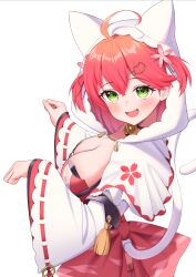 Rule 34 | 1girl, absurdres, breasts, cleavage, green eyes, highres, hololive, kumoru (kumoru 145), large breasts, looking at viewer, open mouth, pink hair, sakura miko, simple background, smile, solo, virtual youtuber, wide sleeves