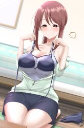 Rule 34 | ..., 1girl, absurdres, bare legs, bed, bikini, blush, breasts, brown hair, cleavage, collarbone, dutch angle, green jacket, highres, holding, holding clothes, holding swimsuit, idolmaster, idolmaster cinderella girls, indoors, jacket, large breasts, looking at object, mifune miyu, motodouryou, partially unzipped, ponytail, seiza, sidelocks, sitting, solo, spoken ellipsis, sweatdrop, swimsuit, unworn bikini, wooden floor