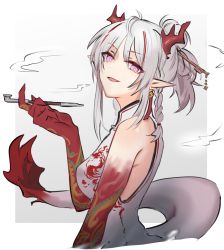 Rule 34 | 1girl, ahoge, arknights, arm tattoo, braid, china dress, chinese clothes, chinese commentary, colored skin, cropped torso, dragon girl, dragon horns, dragon tail, dress, ear piercing, flame-tipped tail, hair bun, highres, holding, holding smoking pipe, horns, looking at viewer, mabing, multicolored hair, nian (arknights), nian (unfettered freedom) (arknights), official alternate costume, open mouth, piercing, pointy ears, purple eyes, red hair, red skin, single hair bun, sleeveless, sleeveless dress, smoke, smoking pipe, solo, streaked hair, tail, tattoo, upper body, white dress, white hair
