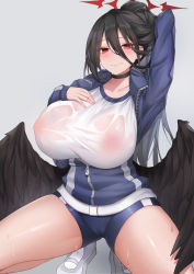 Rule 34 | 1girl, absurdres, black choker, black hair, black wings, blue archive, blue shorts, blush, breasts, cameltoe, choker, cleft of venus, closed mouth, collarbone, covered erect nipples, deogho (liujinzy9854), feathered wings, grey background, hair between eyes, hasumi (blue archive), hasumi (track) (blue archive), highres, jacket, large breasts, long hair, shirt, shorts, simple background, solo, squatting, thighs, track jacket, wet, wet clothes, wet shirt, white footwear, white shirt, wings
