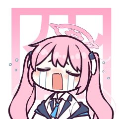 Rule 34 | 1girl, blue archive, blue necktie, blush, closed eyes, collared shirt, crying, halo, highres, jacket, koyuki (blue archive), long hair, necktie, off shoulder, open mouth, piki (itpiki), pink hair, shirt, solo, streaming tears, tears, twintails, upper body, white jacket, white shirt