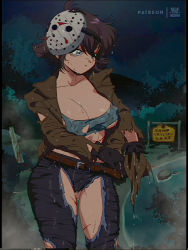 Rule 34 | 1girl, :t, belt, bluethebone, breasts, brown hair, cleavage, collarbone, commentary, cuts, english commentary, english text, friday the 13th, genderswap, genderswap (mtf), grey eyes, highres, hockey mask, injury, jacket, jason voorhees, large breasts, looking away, mask, mask on head, night, outdoors, pants, pout, retro artstyle, short hair, sign, solo, torn clothes, torn jacket, torn pants, water, wet, wet clothes, wringing clothes