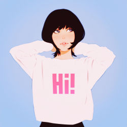 Rule 34 | 1girl, bad id, bad tumblr id, black hair, blouse, blue background, clothes writing, commentary request, hands up, ilya kuvshinov, long sleeves, looking to the side, looking up, original, parted lips, shirt, short hair, simple background, smile, solo, white shirt