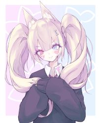 Rule 34 | 1girl, absurdres, animal ear fluff, animal ears, bad id, bad pixiv id, blonde hair, blunt bangs, border, buran (kure), collared shirt, facial mark, fox ears, gradient background, hair between eyes, head tilt, heart, heterochromia, highres, long hair, looking at viewer, original, school uniform, shirt, sleeves past wrists, smile, solo, sweater, symbol-shaped pupils, twintails, two-tone background, upper body, v, white border, white shirt