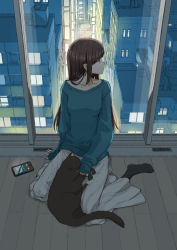 Rule 34 | animal, animal on lap, arakawa (aintnoroom), black cat, black pantyhose, blue sweater, brown eyes, brown hair, building, cat, cat on lap, cellphone, cityscape, collarbone, commentary, dark, hair strand, long hair, long skirt, looking to the side, night, on lap, original, pantyhose, petting, phone, sitting, skirt, smartphone, solo, sweater, wariza, window, wooden floor