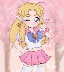 Rule 34 | 1990s (style), 1girl, blonde hair, blue eyes, blush, bow, breasts, bubble background, chellyko, cherry blossoms, collarbone, earrings, heart, heart in eye, highres, jewelry, long hair, looking at viewer, medium breasts, midriff, navel, nintendo, one eye closed, open mouth, pink skirt, pointy ears, princess zelda, purple bow, retro artstyle, school uniform, scrunchie, shirt, short sleeves, skirt, smile, standing, symbol in eye, teeth, the legend of zelda, thighhighs, tree, triforce, triforce earrings, waving, white shirt, white thighhighs, wink, wrist scrunchie