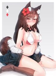 Rule 34 | 1girl, absurdres, adapted costume, animal ears, bikini, black bikini, blush, boots, breasts, brooch, brown footwear, brown hair, clothes around waist, cross-laced footwear, ehrrr, flower, hair flower, hair ornament, high heel boots, high heels, highres, imaizumi kagerou, jacket, jacket around waist, unworn jacket, jewelry, knee boots, lace-up boots, large breasts, long hair, looking at viewer, mismatched bikini, navel, red eyes, sitting, solo, swimsuit, tail, touhou, very long hair, wariza, wavy mouth, white bikini, wolf ears, wolf tail