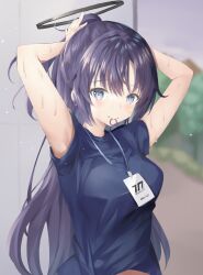 Rule 34 | 1girl, adjusting hair, arms behind head, black hair, blue archive, blurry, commentary request, depth of field, facial tattoo, gym shirt, gym uniform, hair between eyes, half updo, halo, highres, ichiyo tsuyu (glacia glagla), id card, lanyard, long hair, looking at viewer, mouth hold, official alternate costume, ponytail, purple eyes, shirt, short sleeves, sidelocks, solo, star tattoo, sweat, tattoo, wet, wet clothes, wet shirt, yuuka (blue archive), yuuka (track) (blue archive)