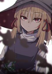 Rule 34 | 1girl, :|, absurdres, animal print, blonde hair, closed mouth, commentary request, corruption, darumoon, flat chest, frog print, hair ribbon, hat, highres, jitome, long sleeves, looking at viewer, medium hair, moriya suwako, mountain of faith, purple vest, red eyes, ribbon, scales, shirt, simple background, solo, touhou, turtleneck, upper body, vest, white background