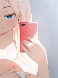 Rule 34 | 1girl, blonde hair, blue eyes, blush, breasts, cellphone, closed mouth, fingernails, head out of frame, highres, holding, holding phone, large breasts, long hair, looking at viewer, miami-chan (ryusei hashida), naked towel, negative space, original, paid reward available, phone, ryusei hashida, selfie, smartphone, smile, smug, solo, towel, upper body