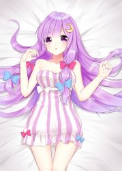 Rule 34 | 1girl, absurdres, bad id, bad twitter id, bare arms, bare shoulders, bed sheet, blue bow, blush, bow, breasts, collarbone, commentary request, crescent, crescent hair ornament, dress, feet out of frame, hair between eyes, hair bow, hair ornament, hands up, highres, long hair, looking at viewer, lying, medium breasts, nail polish, no headwear, on back, parted lips, patchouli knowledge, pink bow, purple dress, purple eyes, purple hair, purple nails, sash, shinonome asu, single sidelock, solo, strapless, strapless dress, striped clothes, striped dress, thighs, touhou, vertical-striped clothes, vertical-striped dress, very long hair, white bow, white sash
