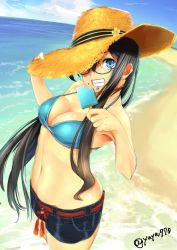 Rule 34 | 10s, 1girl, absurdres, alternate costume, beach, belt, bikini, black hair, blue bikini, blue eyes, blue shorts, breasts, cleavage, collarbone, day, food, glasses, green theme, grin, hair between eyes, hat, highres, kantai collection, large breasts, long hair, looking at viewer, nanao (aoyamahikari), navel, ocean, one eye covered, ooyodo (kancolle), outdoors, popsicle, shorts, smile, solo, straw hat, swimsuit, teeth, twitter username, water