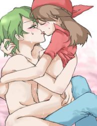 Rule 34 | 00s, 1boy, 1girl, artist request, bandana, blush, breasts, brown hair, closed eyes, clothed sex, clothes lift, creatures (company), denim, drew (pokemon), french kiss, game freak, green eyes, green hair, hetero, jeans, kiss, lowres, may (pokemon), nintendo, nipples, open mouth, pants, partially undressed, pokemon, pokemon (anime), pokemon rse, pokemon rse (anime), sex, shirt lift, short hair, straddling, sweat, tongue, topless male, upright straddle, vaginal