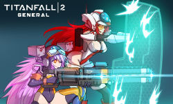 Rule 34 | 2girls, aiming, animification, armor, bare shoulders, breasts, copyright name, covered navel, energy, energy barrier, energy shield, firing, gloves, goggles, helmet, hmage, honeycomb (pattern), large breasts, long hair, magnetic weapon, multiple girls, northstar (titanfall), personification, pink hair, railgun, red hair, shield, smile, teamwork, thighhighs, titanfall, titanfall (series), titanfall 2, tone (titanfall 2)