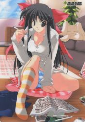 Rule 34 | 1girl, :3, black eyes, black hair, book, bow, breasts, cleavage, couch, hair bow, highres, kneehighs, long hair, messe sanoh, panties, pantyshot, rabbit, shikei, sitting, smile, socks, solo, striped clothes, striped panties, striped socks, stuffed animal, stuffed rabbit, stuffed toy, thighhighs, underwear
