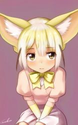 Rule 34 | 10s, 1girl, animal ears, artist name, between legs, blonde hair, blush, bow, brown eyes, closed mouth, commentary request, fennec (kemono friends), fox ears, gloves, hair between eyes, hand between legs, highres, kemono friends, looking at viewer, pink shirt, purple background, shirt, short hair, short sleeves, skirt, solo, welt (kinsei koutenkyoku), yellow bow