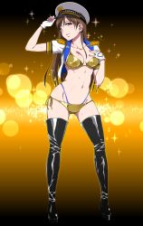 Rule 34 | 10s, 1girl, adjusting clothes, adjusting headwear, arm up, backlighting, bikini, black footwear, black thighhighs, boots, breasts, cleavage, closed mouth, collarbone, cropped jacket, earrings, emblem, epaulettes, full body, hand on own chest, hat, highres, idolmaster, idolmaster cinderella girls, jacket, jewelry, long hair, looking at viewer, medium breasts, nail polish, navel, nitta minami, open clothes, open jacket, peaked cap, pink nails, puge, short sleeves, smile, solo, sparkle, stomach, stud earrings, sweatdrop, swimsuit, thigh boots, thighhighs, white hat, white jacket, yellow bikini