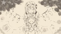 10s 2girls akemi_homura akuma_homura closed_eyes hair_ribbon highres hug hug_from_behind kaname_madoka long_hair mahou_shoujo_madoka_magica mahou_shoujo_madoka_magica:_hangyaku_no_monogatari monochrome multiple_girls open_mouth ribbon smile spoilers warabe_(waraghi) wings