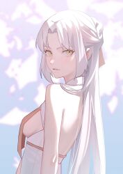 Rule 34 | 1girl, absurdres, backless outfit, breast curtain, breasts, commentary, drid, from side, highres, long hair, looking at viewer, no bra, original, parted lips, small breasts, solo, symbol-only commentary, upper body, white hair, yellow eyes