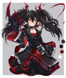 Rule 34 | 1girl, absurdres, azur lane, bat hair ornament, bat wings, black capelet, black dress, black hair, breasts, capelet, claws, cleavage, color guide, cross, crossed bangs, dress, g3 (bitgiii), grey background, hair ornament, head wings, highres, iron cross, layered dress, long hair, looking at viewer, mechanical arms, multicolored hair, pointy ears, red dress, red hair, small breasts, smile, solo, streaked hair, twintails, two-tone background, wavy hair, white background, wings, yellow eyes, z24 (azur lane)
