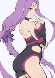 Rule 34 | 1girl, ass, back, bare shoulders, black dress, blush, braid, breasts, detached sleeves, dress, facial mark, fate/stay night, fate (series), female focus, forehead, forehead mark, hair intakes, hair ribbon, haoni, highres, index finger raised, large breasts, long hair, looking at viewer, matching hair/eyes, medusa (fate), medusa (rider) (fate), medusa (rider) (third ascension) (fate), parted bangs, parted lips, purple eyes, purple hair, purple ribbon, ribbon, short dress, sideboob, sidelocks, simple background, single braid, solo, square pupils, very long hair, white background