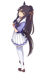 Rule 34 | 1girl, animal ears, arms under breasts, bandaid, bandaid on face, bandaid on nose, black hair, blush, bow, breasts, brown footwear, closed mouth, clothing cutout, commentary, crossed arms, ear ornament, full body, hair between eyes, highres, horse ears, horse girl, horse tail, loafers, long hair, looking at viewer, medium breasts, narita brian (umamusume), petticoat, ponytail, puffy short sleeves, puffy sleeves, purple bow, purple shirt, rope, school uniform, shimenawa, shirt, shoes, short sleeves, simple background, skirt, solo, tail, tail through clothes, thighhighs, tracen school uniform, umamusume, white background, white skirt, white thighhighs, yahiro (epicopeiidae), yellow eyes